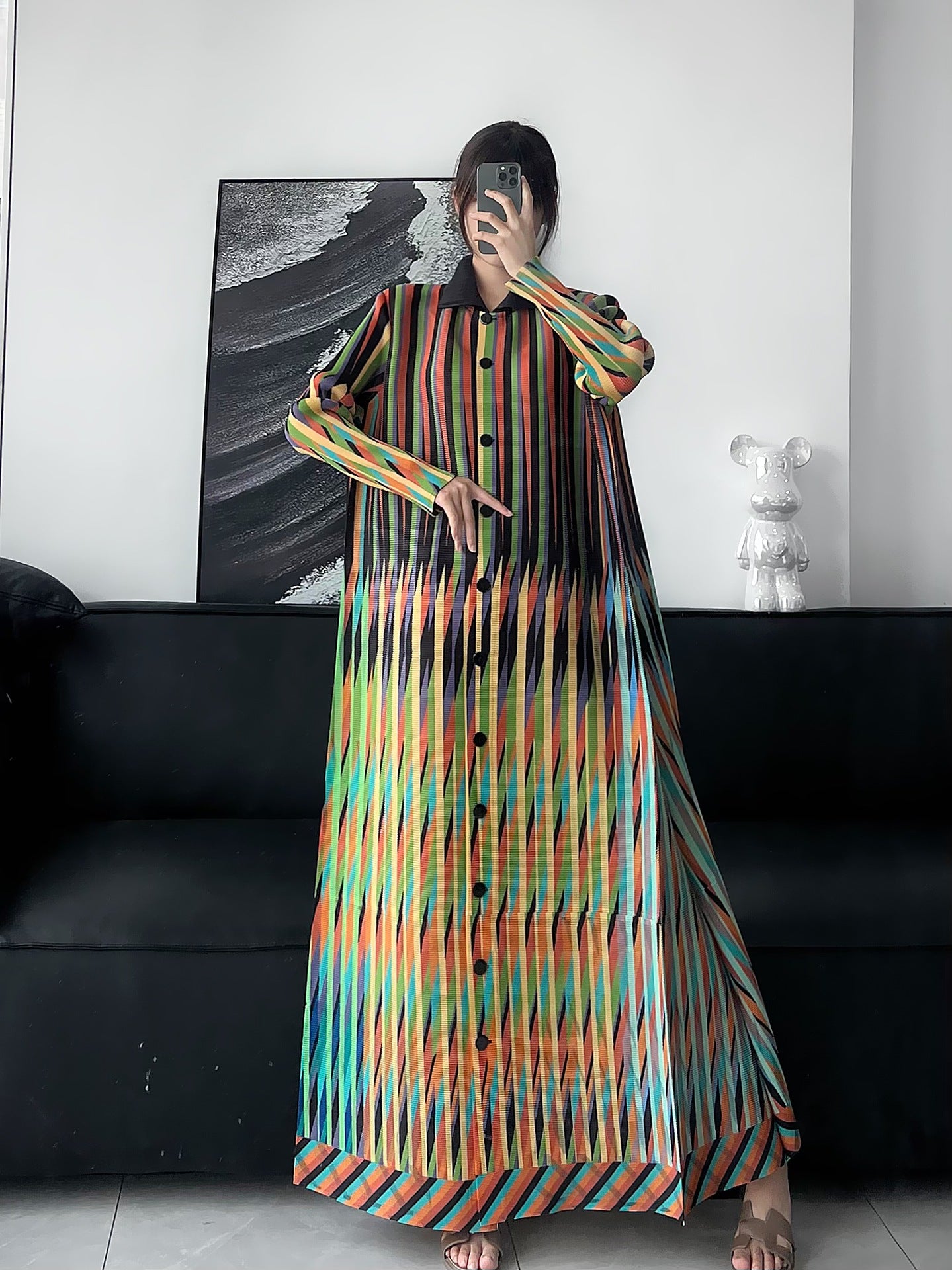 Pleated Print Fashionable All-match Lace-up Loose Arabian Abaya Robe