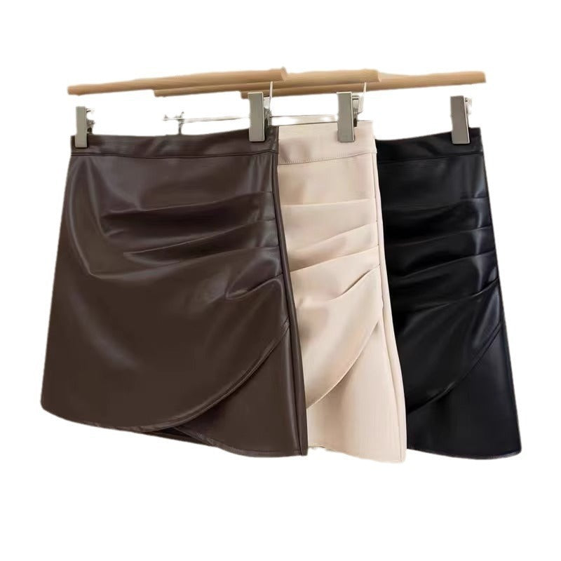 Women's High Waist PU Leather Ruffle Hip Short Skirt