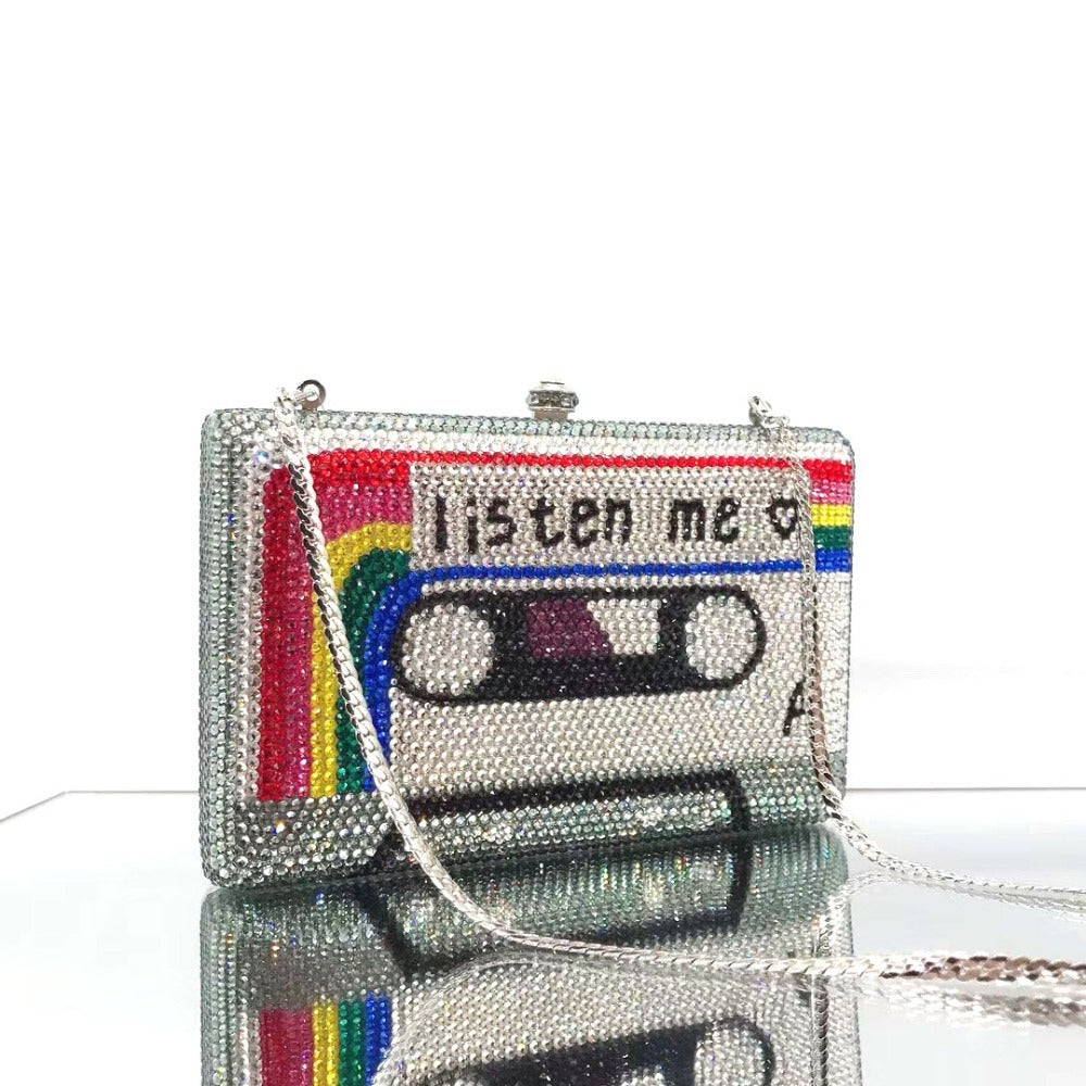Cassette Tape Crystal Evening Clutch Bag with Chain 16.5cm
