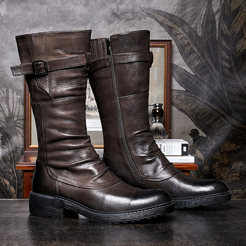 Bottes motardes montantes à plateforme pour hommes avec fermeture éclair latérale