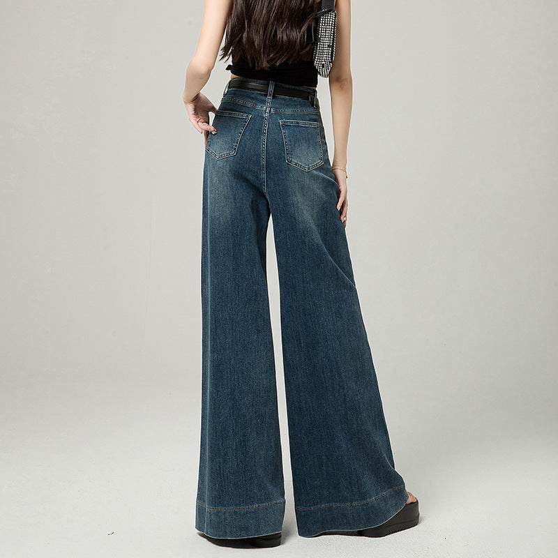 Vintage Blue High Waist Wide Leg Cotton Pants Narrow Version