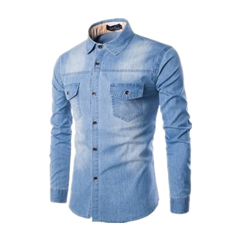 Men's Cotton Denim Shirt Stand Collar Long Sleeve