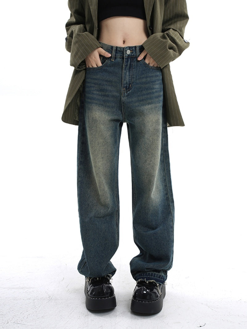 High Waist Retro Blue Wide Leg Denim Jeans Loose Fit Straight Tube Pants