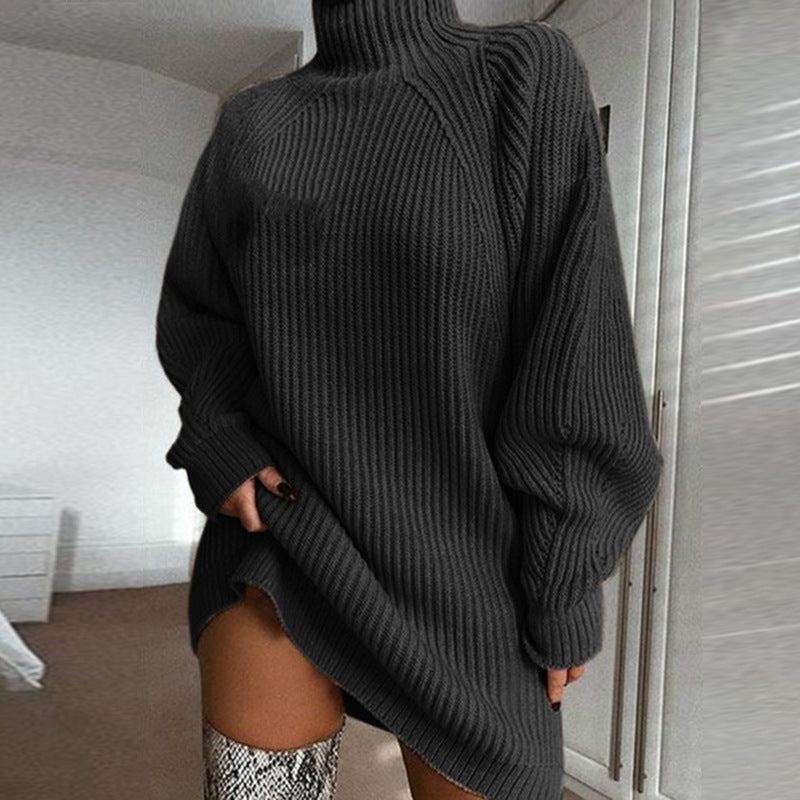 Mid-length raglan sleeve half turtleneck sweater dress