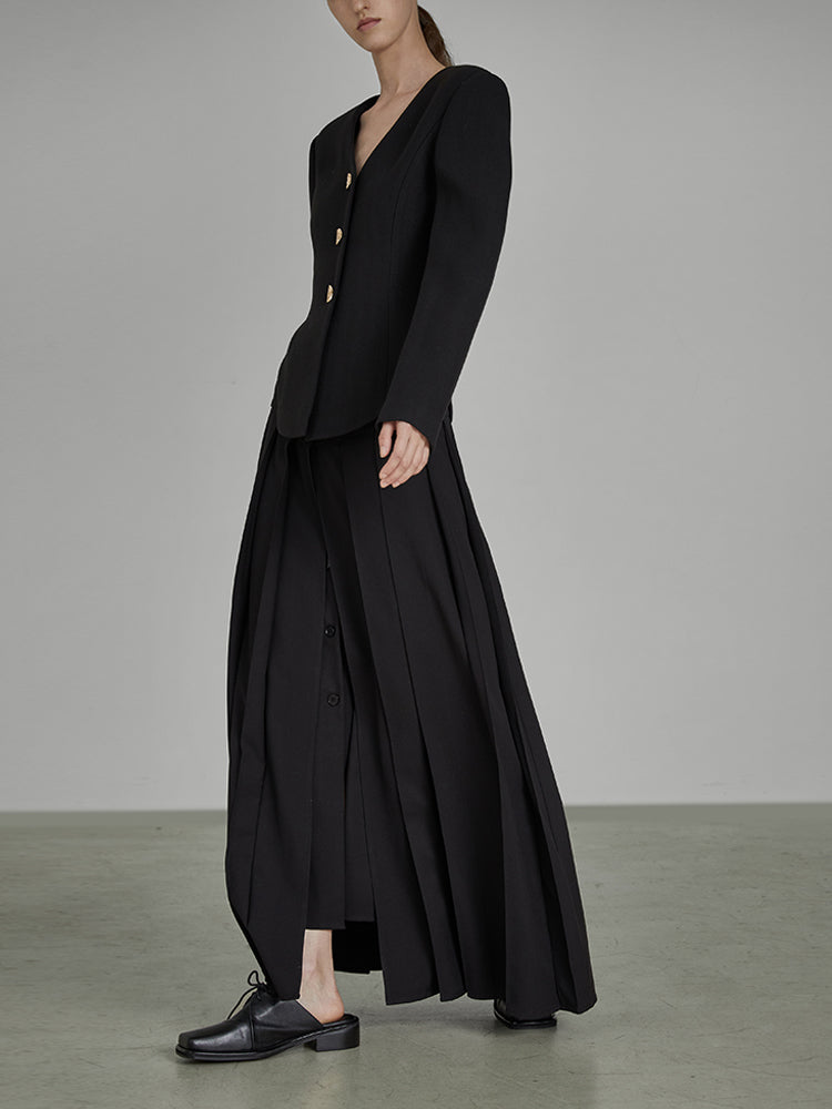 Women's Spring Chic Black Pleated Midi Skirt Polyester