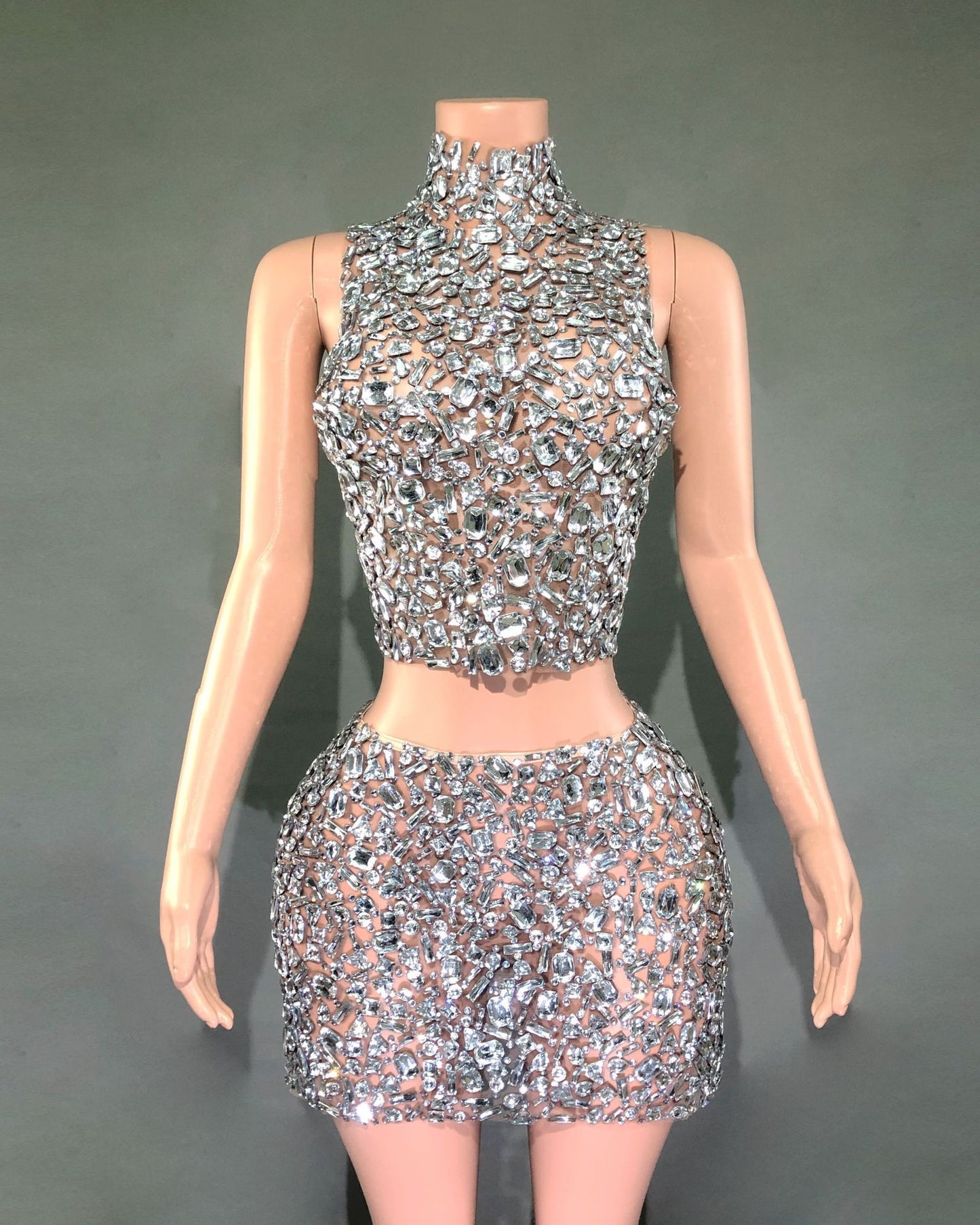 Catwalk Banquet Two-piece Set Full Diamond Luxury Rhinestone Waist Slimming Sheath Short Gowns