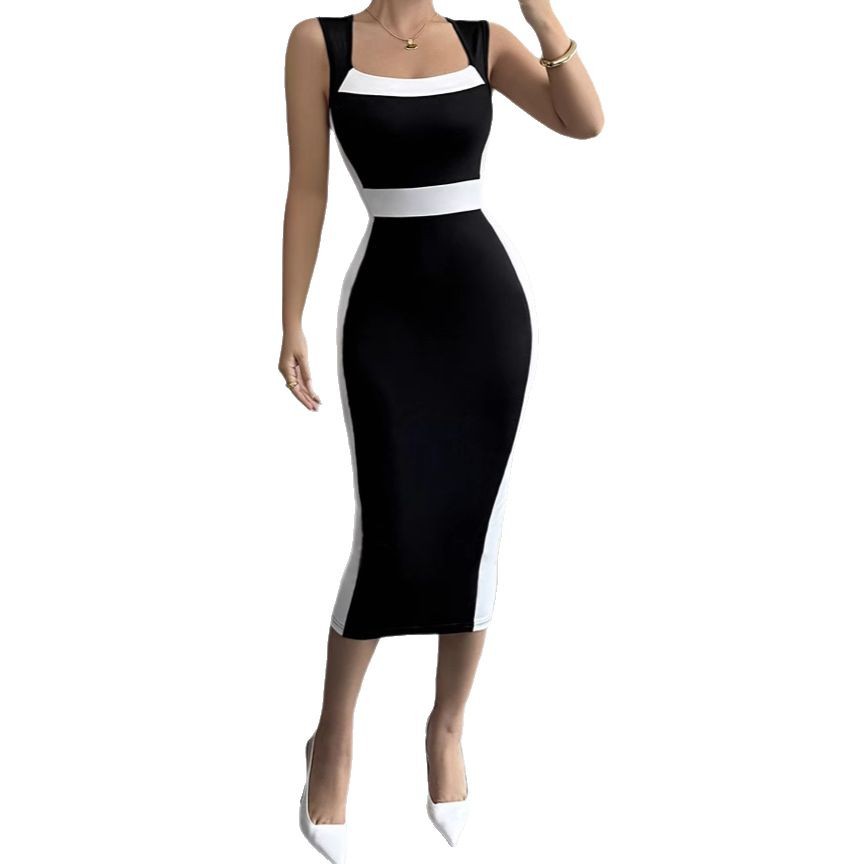 Women's Intellectual Style Dress With Square Neckline, Spaghetti Straps, And Color-blocked Maxi Dress