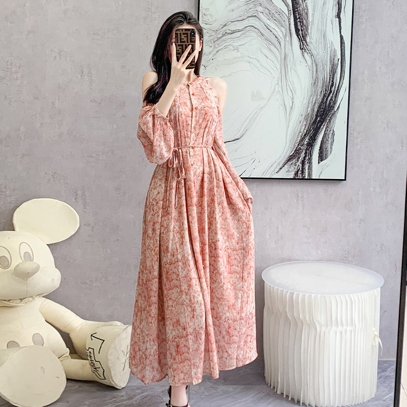 Women's High Waist Floral Lantern Sleeve Dress
