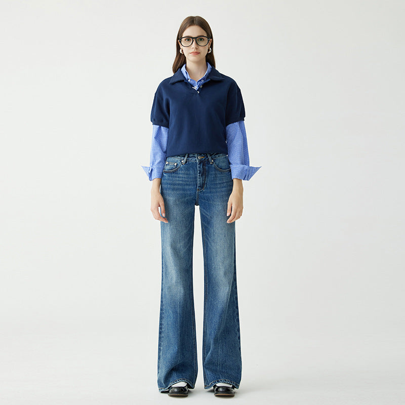 Women's Autumn High Waist Dark Gray-Blue Stretch Straight Jeans