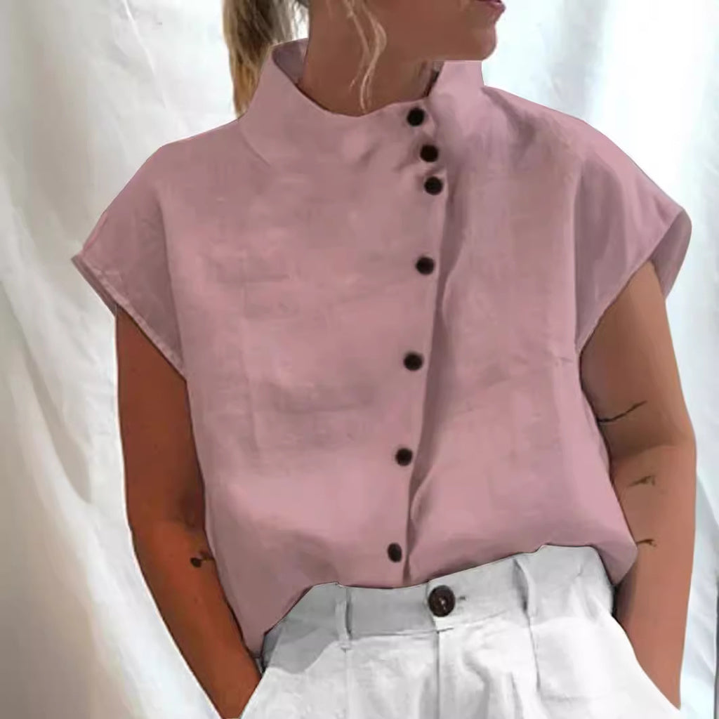 Chemise décontractée en coton et lin pour femme, col montant, coupe ample