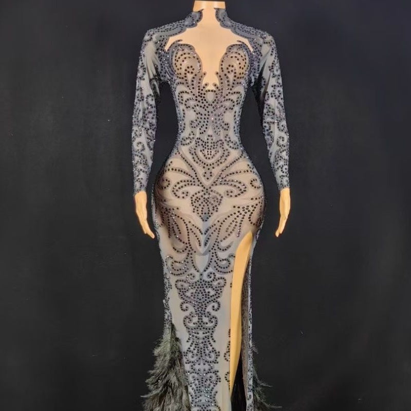Women's Beaded Feather Long Tight Jumpsuit Dress