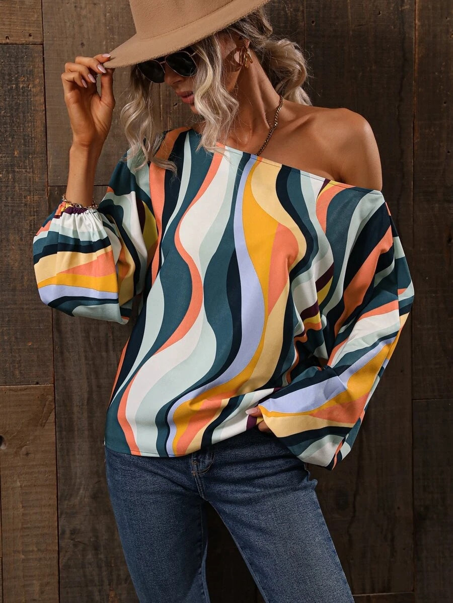 Summer Painted Off-shoulder Bishop Sleeves Top
