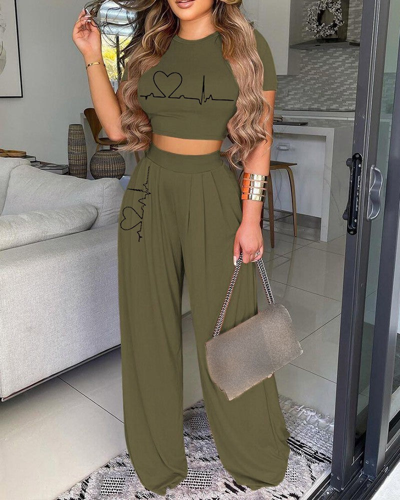 Printed Short Sleeve Top Pants Set