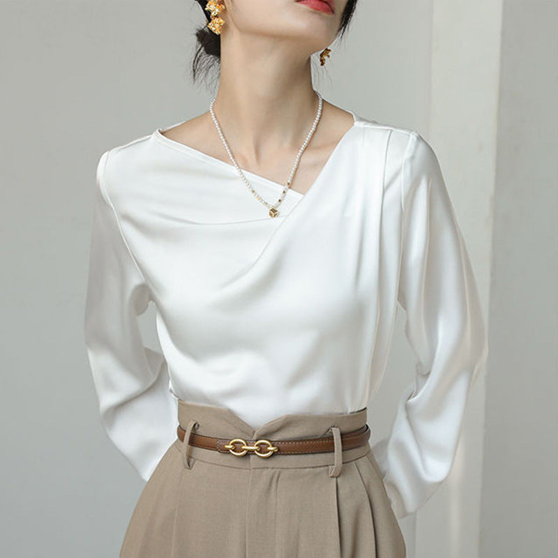 French White Satin Irregular Versatile Shirt Top