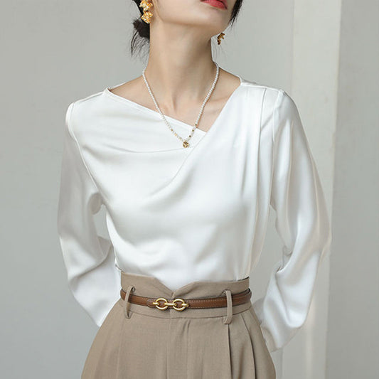 French White Satin Design Irregular Versatile Shirt Top