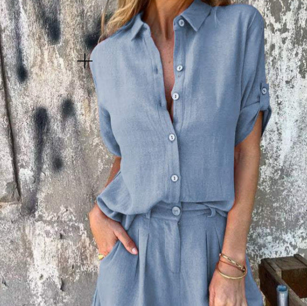 Ensemble chemise boutonnée à revers et short à poches à manches courtes pour femmes
