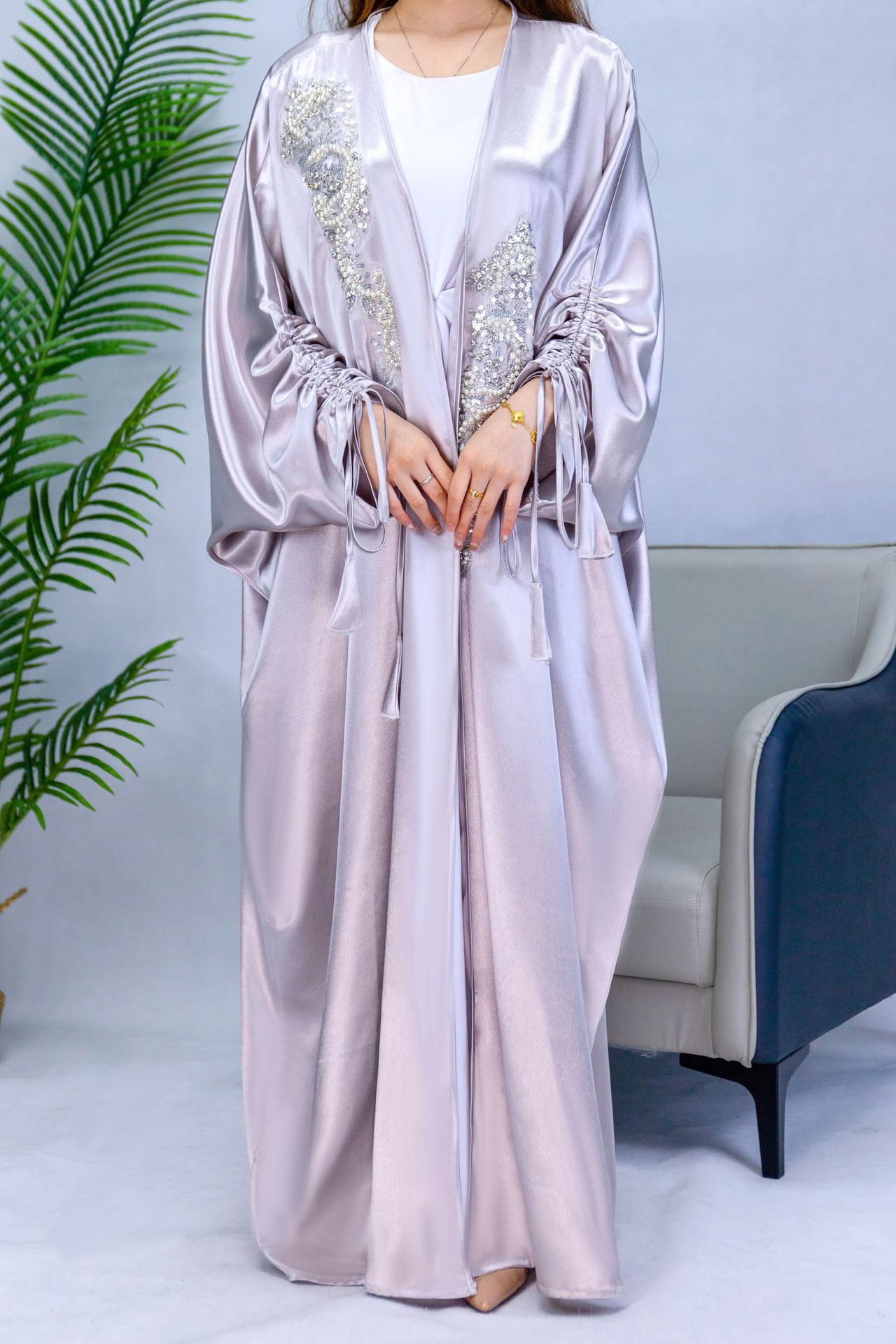 Simple Middle East Turkey Solid Color Plus Size Satin Robe