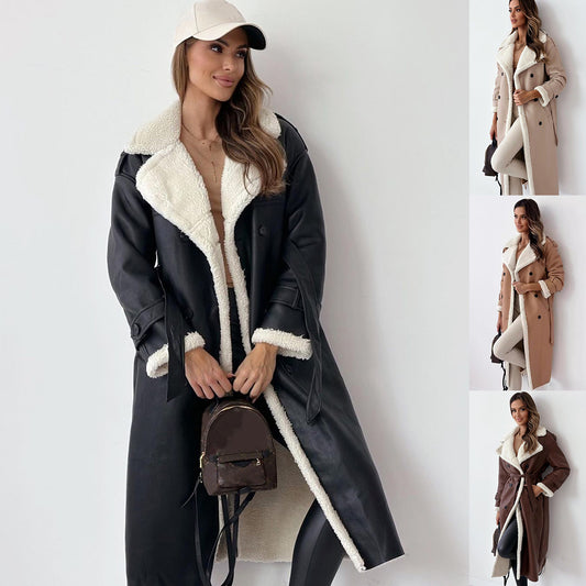 Women’s Winter Mid-Length Double Breasted Belted Trench Coat Polyester Overcoat