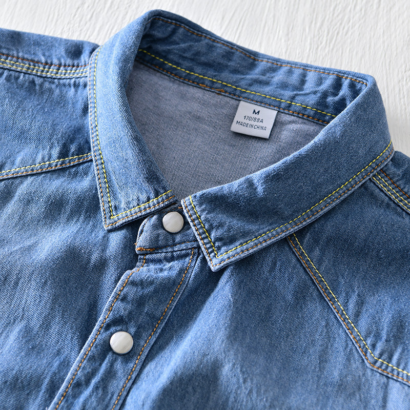 Men's Long-Sleeve Denim Shirt in Light Blue & Blue Cotton