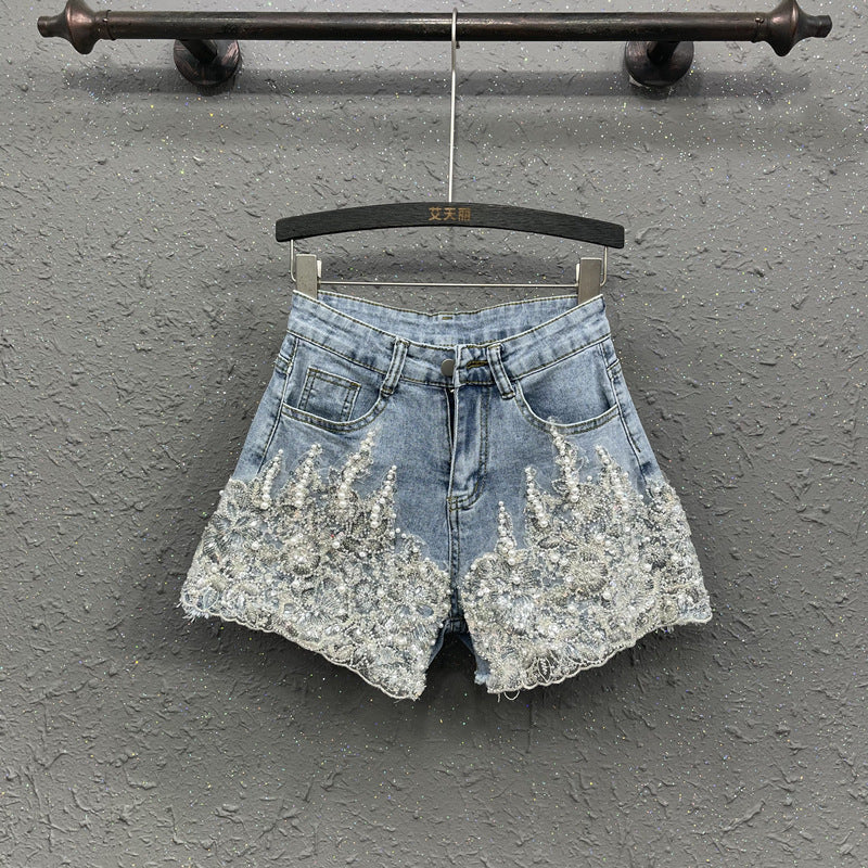 Beaded Western Style Light Blue Denim Shorts for Women
