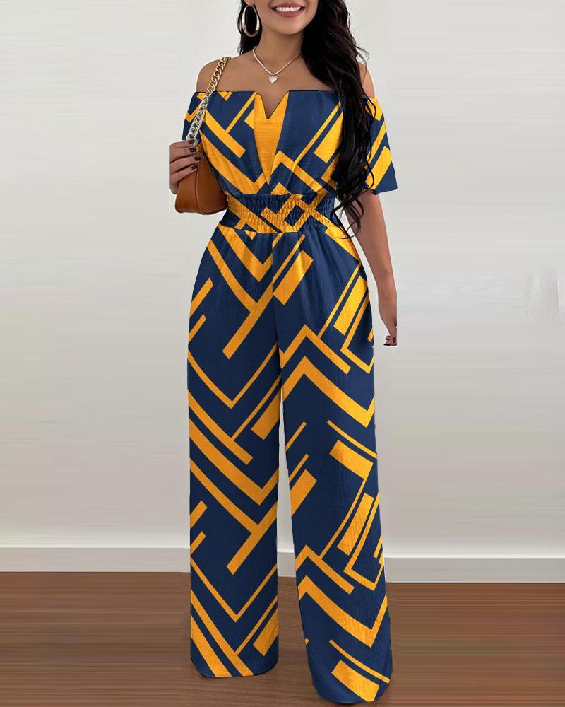 Women's Off-Neck Waist-Trimmed Loose Straight Jumpsuit