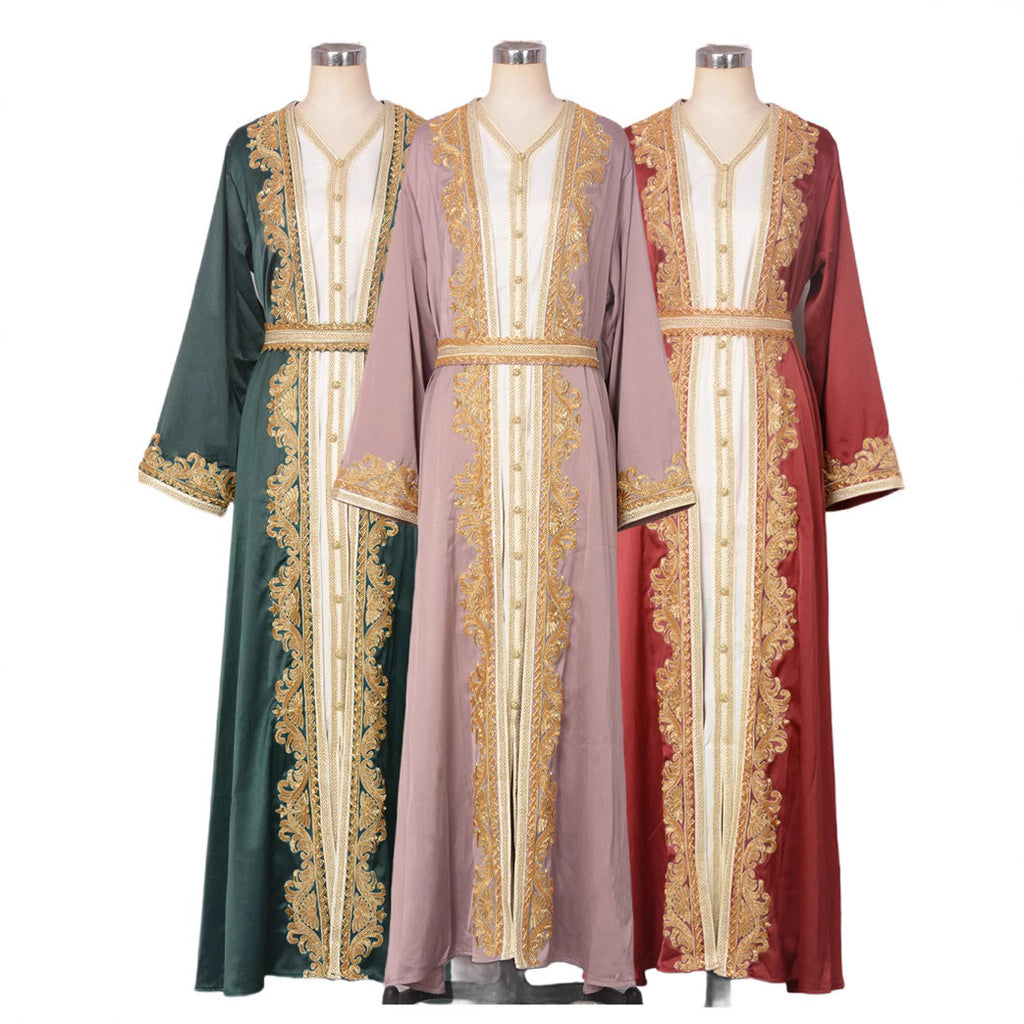 Muslim Women's Beaded Two-Piece Dress Set in Pink, Green & Red, Sizes S-XXL