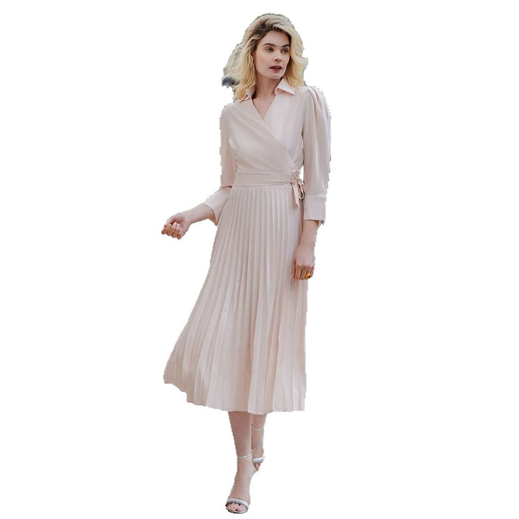 Women's Mid-Waist Pleated Dress with Belt – Apricot, Black, Skin Color, S-XL