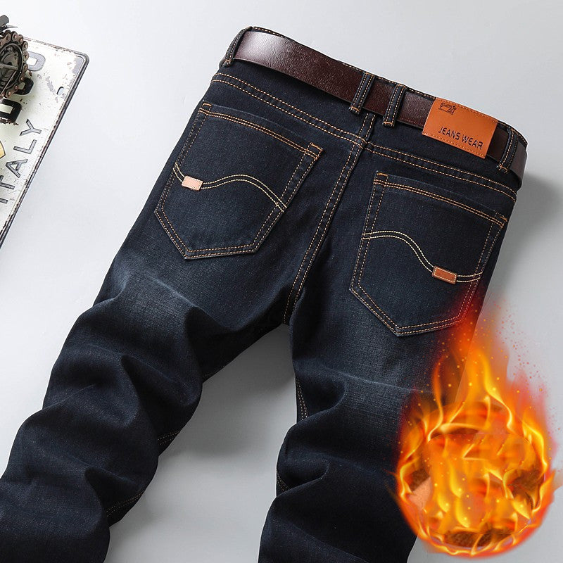 Men's Loose Straight Fit Jeans with Plush Lining for Autumn and Winter