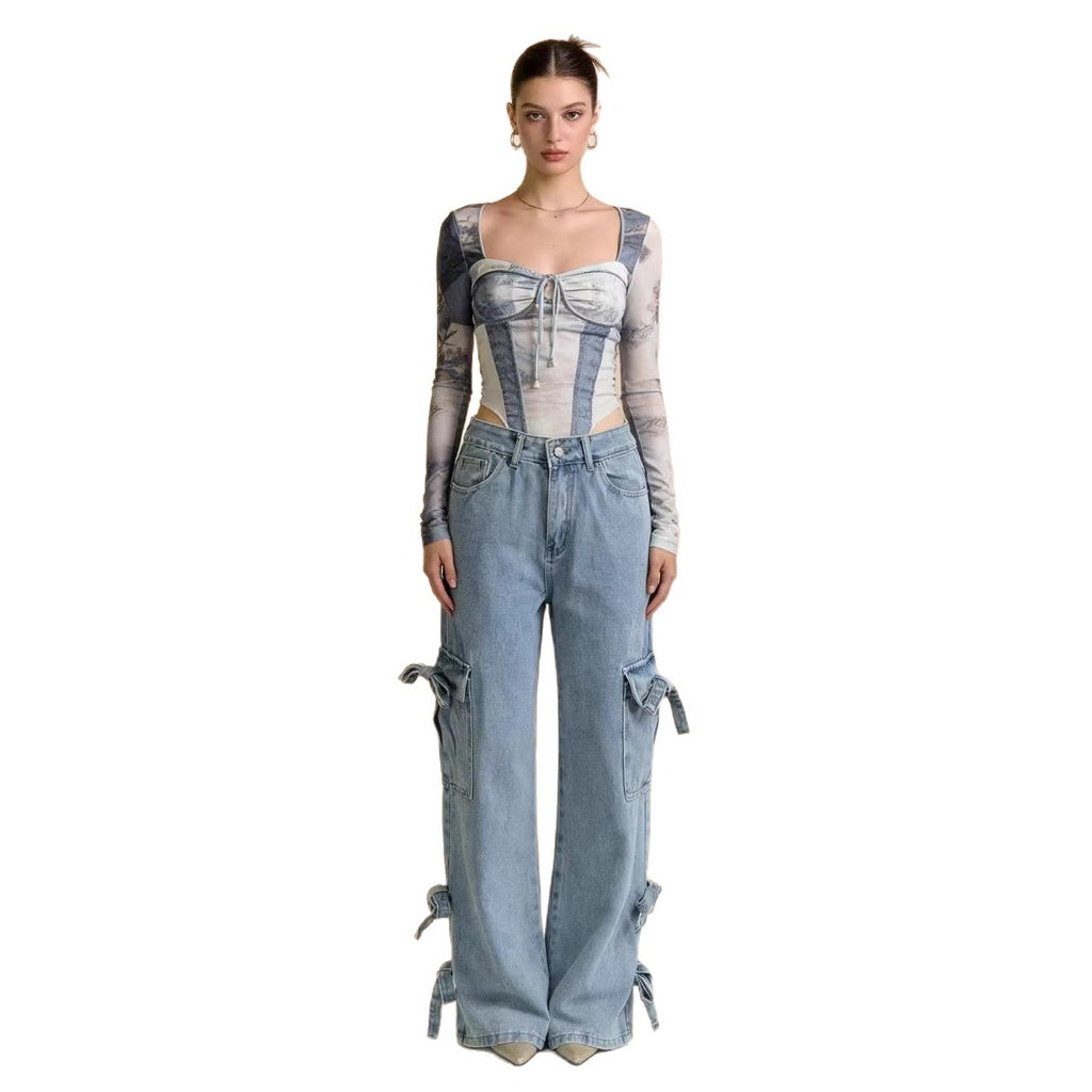 Jean droit femme taille mi-haute bleu clair
