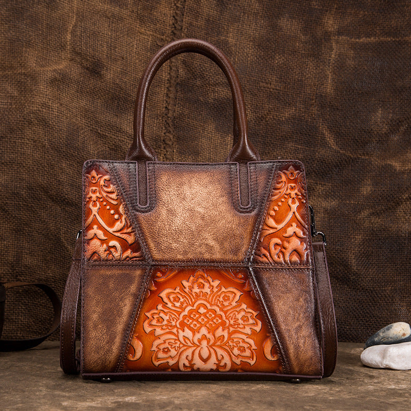 Retro High Leather Hand-Painted Embossed Tree Handbag 25cm
