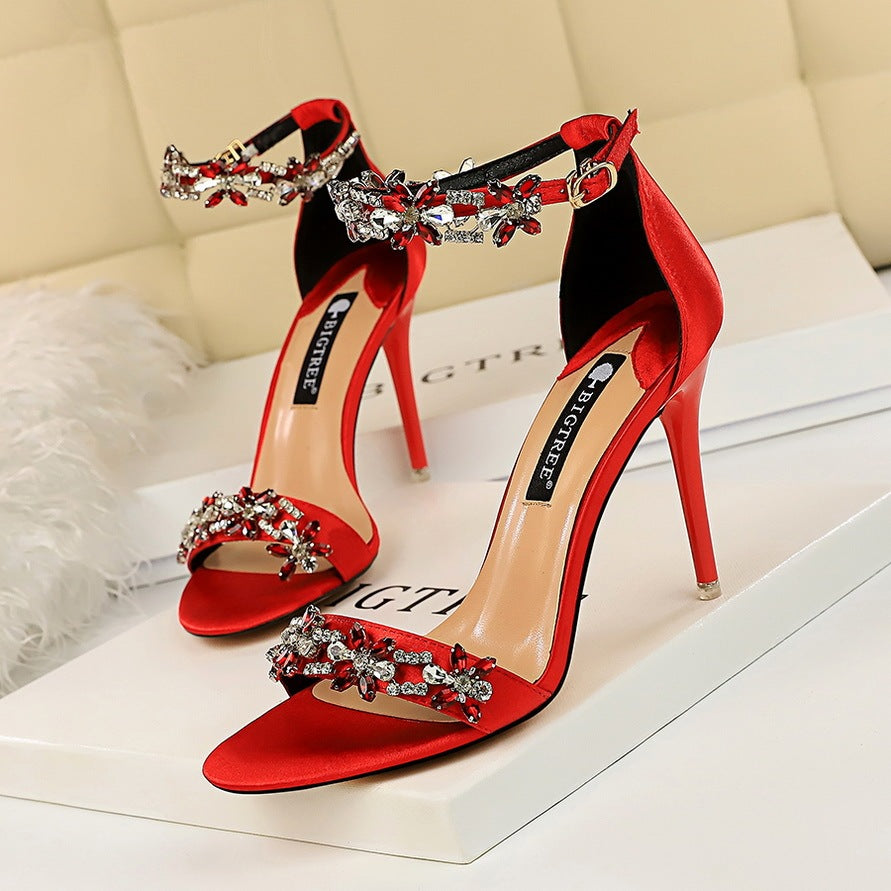 Sexy Satin Stiletto High Heels for Women with Rhinestones, 9CM Heel