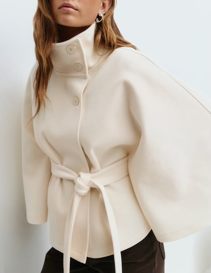 Trench-coat d'hiver pour femme avec ceinture, col montant et boutons, couleur unie