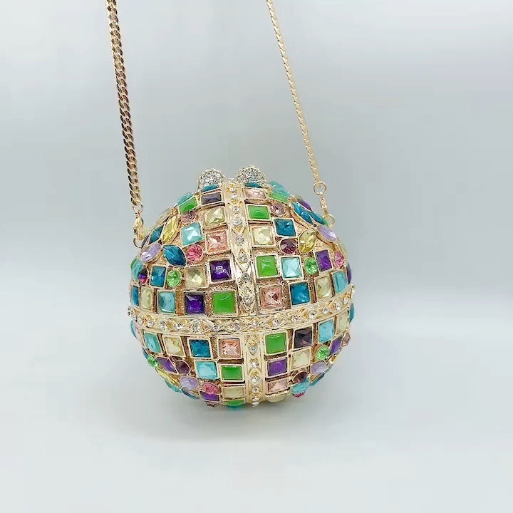 Multicolored Glass Rhinestone Round Ball Clutch Bag with Empty Diamond 10.5cm