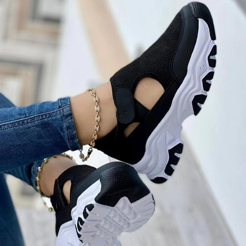 Chaussures décontractées à semelles épaisses et couleurs assorties pour femmes, talon moyen, semelle en caoutchouc