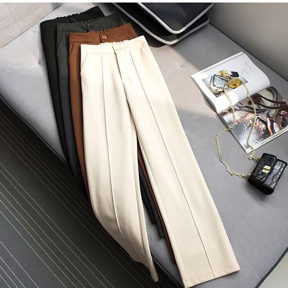 Pantalon droit taille haute en mélange laine et coton