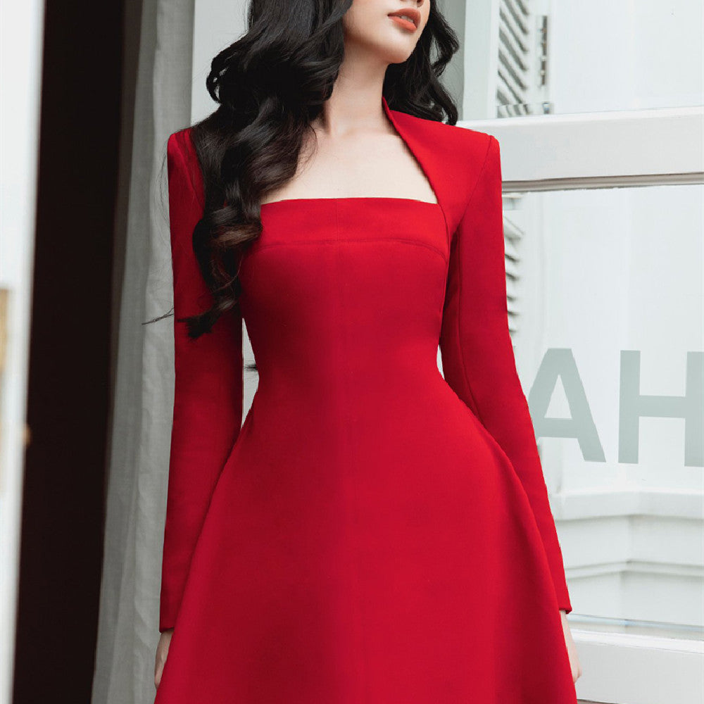 Robe trapèze rouge à manches longues en polyester pour femme