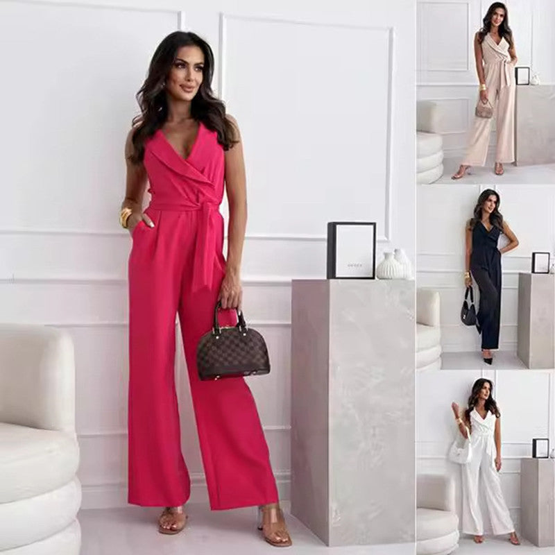 V-Neck Sleeveless Jumpsuit with Belt Summer Trousers for Women