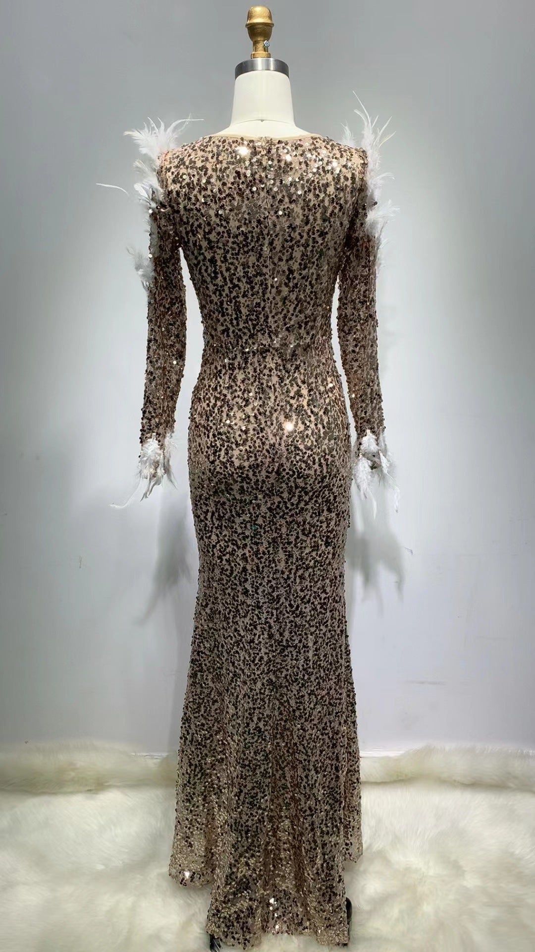 Milky White Sequins Sheath Long Bandage Dress with Nine-Quarter Sleeves
