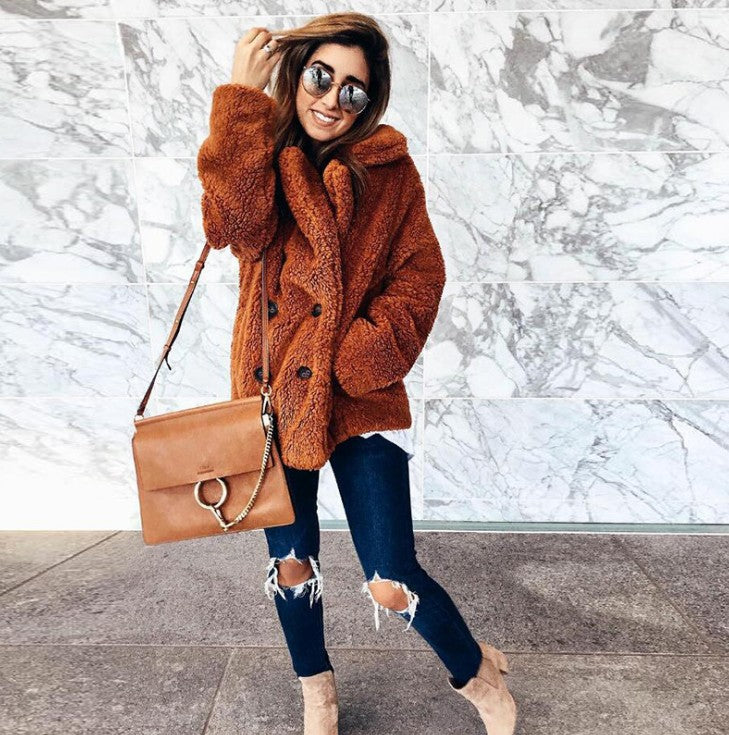 Autumn Winter Button Suit Collar Pocket Blouse Polyester Fiber