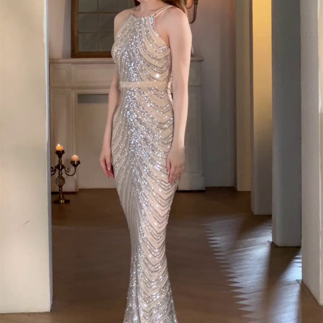 Robe de soirée sirène couleur champagne doré pour femme, luxe haut de gamme