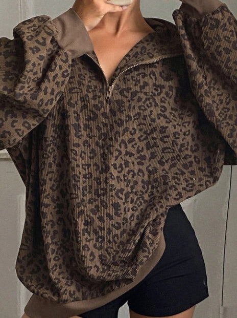 Sweat-shirt zippé quart en velours côtelé imprimé léopard beige