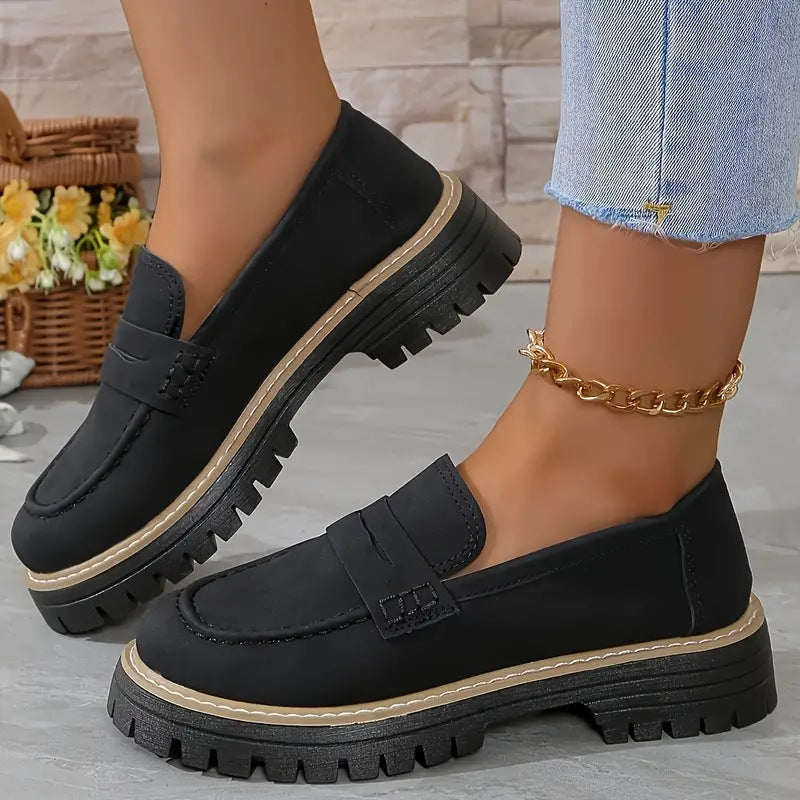 Chaussures décontractées à talon mi-haut pour femmes, style britannique mat