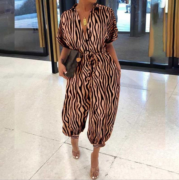 Short Sleeve Buttoned High-Waist Jumpsuit with Belt