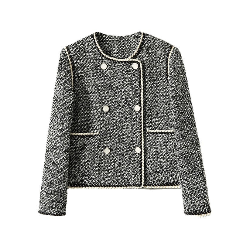 Double Breasted Tweed Western Style Short Coat for Women, Black & White, S-2XL
