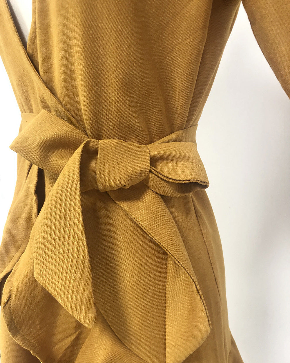 Ruffled Pleated Long Sleeve Lace Up V-neck Pink Women's Skirt