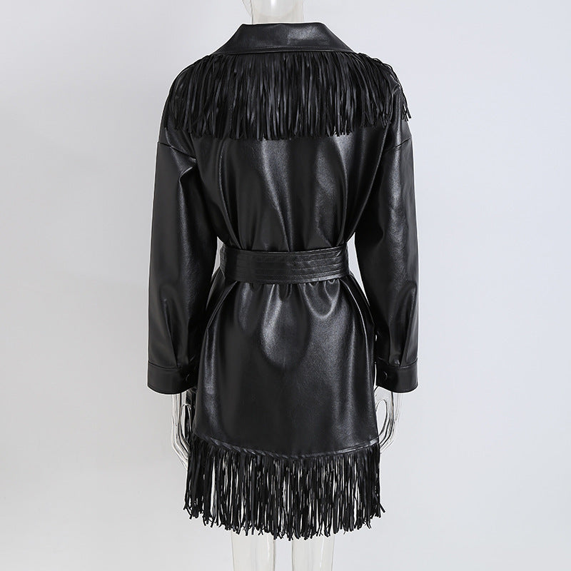 Nouvelle Jupe Longue en Similicuir avec Dentelle à la Taille et Ceinture
