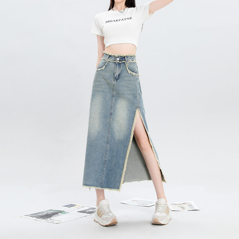 Slit Denim Skirt for Women in Blue & Black