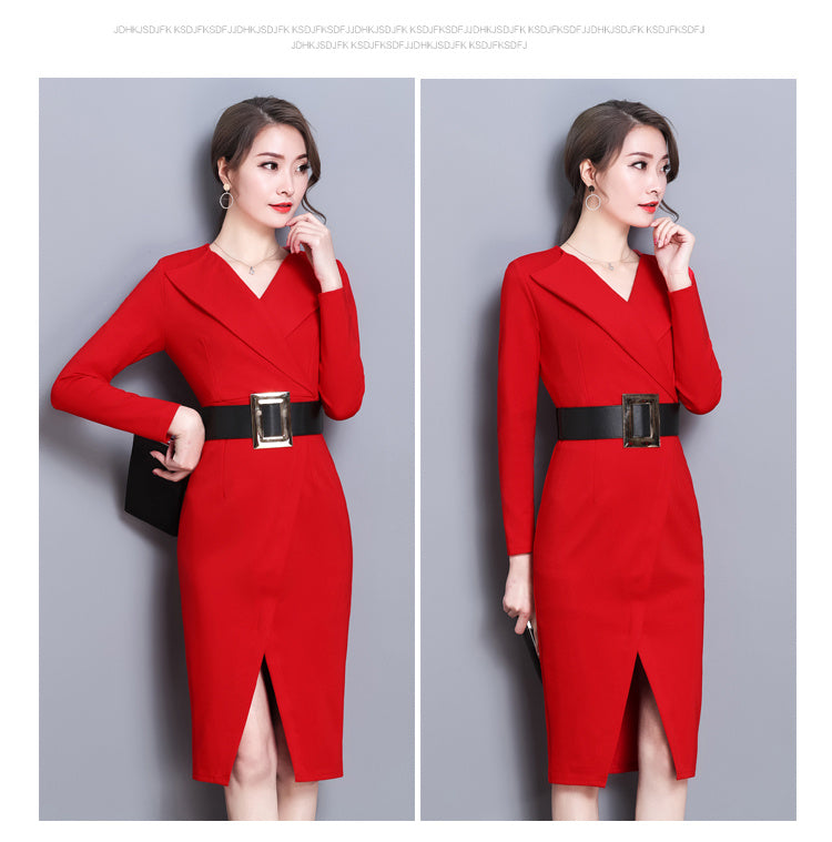 Mid-Length Long-Sleeve V-Neck Dress with Temperament