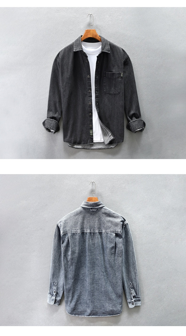 Drop Shoulder Loose Casual Cotton Denim Shirt Coat for Men