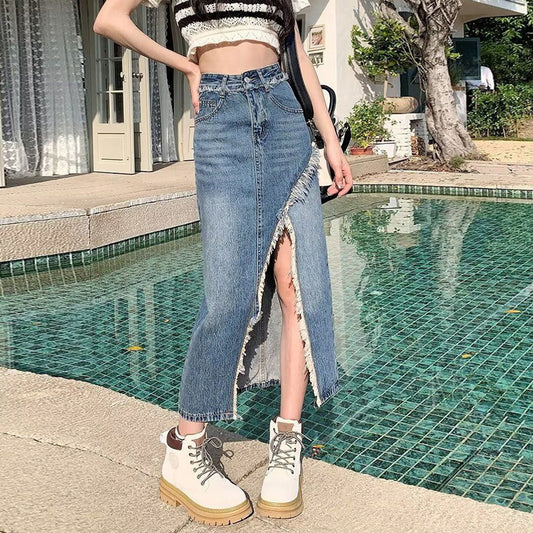 Irregular Denim High Waist Skirt For Women With Split Edges, Niche Design.